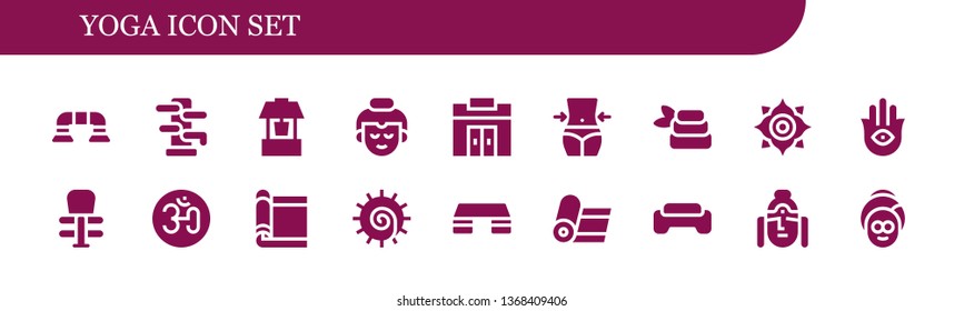 yoga icon set. 18 filled yoga icons.  Collection Of - Push up, Wing chun, Well, Buddha, Gym, Fitness, Zen, Chakra, Hamsa, Exercise, Om, Carpet, Fitness step, Yoga, Spa