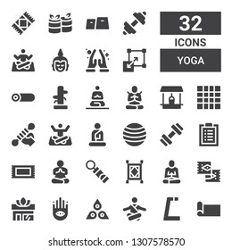 yoga icon set. Collection of 32 filled yoga icons included Yoga mat, Gym, Meditation, Chakra, Buddhism, Rug, Carpet, Training whistle, Workout, Fitness ball, Buddha, Fitness