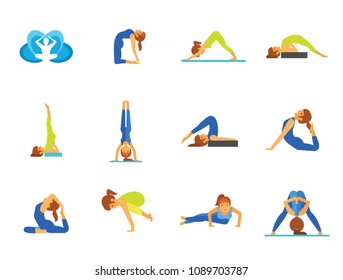 Yoga Icon Set. Meditation Rajakapotasana Sarvangasana Halasana Ustrasana Astavakasana Bakasana Handstand Virabhadrasana Svanasana Prasarita