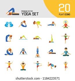 Yoga Icon Set. Meditation Rajakapotasana Sarvangasana Halasana Ustrasana Astavakasana Bakasana Handstand Virabhadrasana Svanasana Prasarita