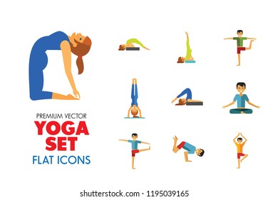 Yoga Icon Set. Meditation Rajakapotasana Sarvangasana Halasana Ustrasana Astavakasana Bakasana Handstand Virabhadrasana Svanasana Prasarita