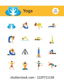 Yoga Icon Set. Meditation Rajakapotasana Sarvangasana Halasana Ustrasana Astavakasana Bakasana Handstand Virabhadrasana Svanasana Prasarita