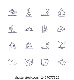 Juego de iconos de yoga. Icono de línea delgada. Trazo editable. Con pilates, yoga, pose, posición, yoga, postura, meditación.