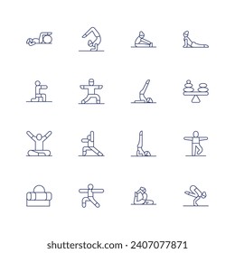Yoga icon set. Thin line icon. Editable stroke. Containing pilates, yoga, yoga mat, yoga pose, balance.