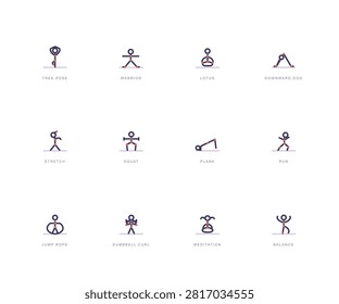 Yoga icon set of twelve as wire armature figures with joint beads: tree pose, warrior, lotus, downward dog, stretch, squat, plank, run and meditation. Editable vector.