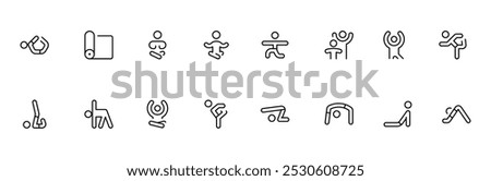 Yoga icon, stretching poses, vector set design with Editable Stroke. Line, Solid, Flat Line, thin style and Suitable for Web Page, Mobile App, UI, UX design.