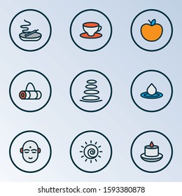 Yoga icons colored line set with sun, hindu human, apple and other aromatherapy elements. Isolated vector illustration yoga icons.
