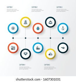 Yoga icons colored line set with elephant, candle, lamp zen elements. Isolated vector illustration yoga icons.