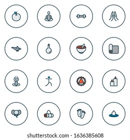 Yoga icons colored line set with paraffin, oil bottle, meditation and other barbell elements. Isolated vector illustration yoga icons.