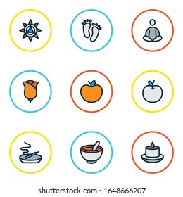 Yoga icons colored line set with healthy food, feet, apple and other rose elements. Isolated vector illustration yoga icons.