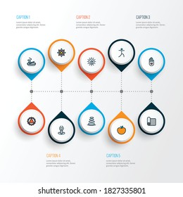 Yoga icons colored line set with burning candle, yoga mat, spa stones carpet elements. Isolated vector illustration yoga icons.