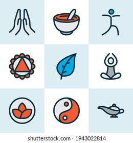 Yoga icons colored line set with relaxation, yin yang, leaf and other meditation elements. Isolated vector illustration yoga icons.