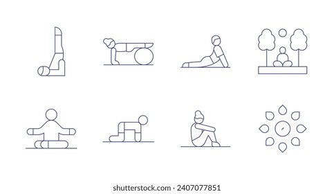 Yoga icons. Editable stroke. Containing viparita karani pose, pilates, relax, yoga, nature, chakras.