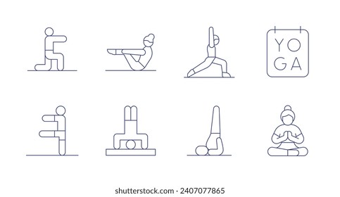 Iconos de yoga. Trazo editable. Con estiramiento, pilates, yoga, pose de yoga, meditación.
