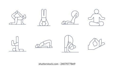 Iconos de yoga. Trazo editable. Conteniendo pilates, yoga pose, yoga, postura, meditación.