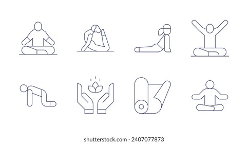 Yoga icons. Editable stroke. Containing yoga, yoga pose, pilates, yoga mat, meditation.