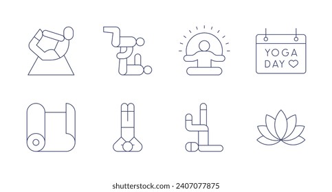 Iconos de yoga. Trazo editable. Conteniendo yoga, yoga, pose, meditación, pilates, día internacional de yoga, loto.