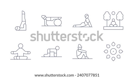 Yoga icons. Editable stroke. Containing viparita karani pose, pilates, relax, yoga, nature, chakras.