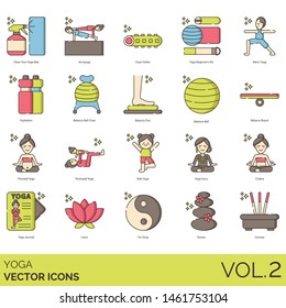 Yoga icons including clean your mat, acroyoga, foam roller, beginner kit, men, balance ball chair, disc, board, prenatal, postnatal, kids, guru, chakra, journal, lotus, yin yang, stones, incense.