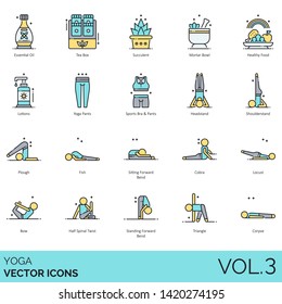 Yoga icons including essential oil, tea box, succulent, mortar bowl, food, lotion, pants, sports bra, headstand, shoulderstand, plough, fish, sitting forward bend, cobra, locust, bow, spinal twist.