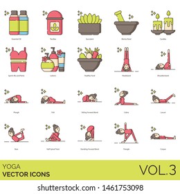 Yoga icons including essential oil, tea, mortar bowl, sports bra, lotion, healthy food, headstand, shoulderstand, plough, fish, bend, cobra, locust, bow, half spinal twist, standing, triangle, corpse.