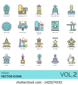 Yoga icons including foam roller, beginner kit, hydration, balance ball chair, disk, board, clean mat, journal, acroyoga, prenatal, post, guru, kids, hot, aroma, incense, candle, stone, ginger tea.