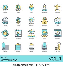 Yoga icons including namaste, chakra, tantra, retreat, men, yin yang, buddha, meditation, mindfulness, lotus, enneagram, schedule, teacher, app, online, mat, block, towel, bolster, strap.