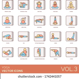 Yoga icons including prenatal, postnatal, kids, guru, meditation, mens, acroyoga, headstand, shoulderstand, plough, fish, sitting forward bend, cobra, locust, bow, half spinal twist, triangle, corpse.