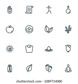 Yoga icons line style set with water drop, bamboo, feet and other branch elements. Isolated vector illustration yoga icons.