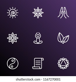 Yoga icons line style set with yoga, mandala design, prayer tao elements. Isolated vector illustration yoga icons.