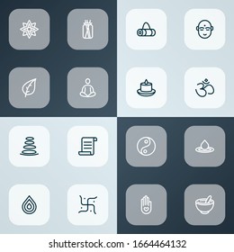 Yoga icons line style set with hinduism, candles, floral om elements. Isolated vector illustration yoga icons.