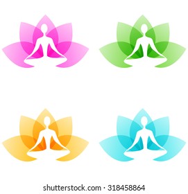 Yoga icons with lotus flower and person on a white background