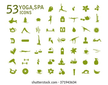 Iconos de yoga, masaje, iconos de spa. Spa, conjunto vectorial de yoga. Conjunto de elementos de diseño para clases de yoga, salón de spa, salón de masaje.Cuidado de salud, deporte, fitness, yoga, iconos spa, símbolos spa. Iconos vectoriales de masaje.