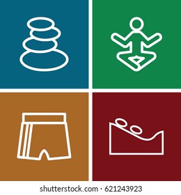Yoga icons set. set of 4 yoga outline icons such as spa stones, spa stone, sport shorts