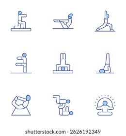 Yoga icons set. Line Duotone style, editable stroke. stretch, pilates, yoga