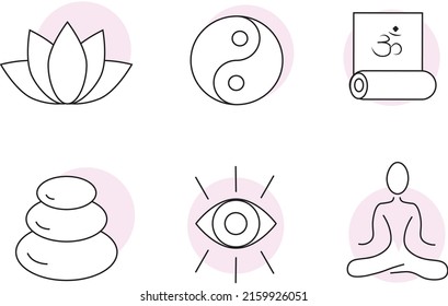 Yoga icons, set of six symbols, vector 