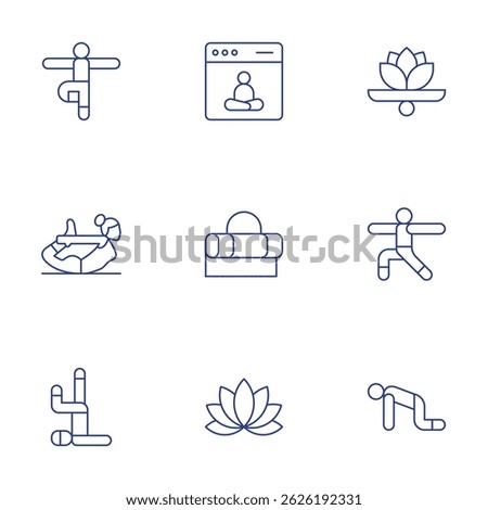 Yoga icons set. Thin Line style, editable stroke. yoga mat, yoga pose, webpage, pilates, balance, yoga position, lotus.