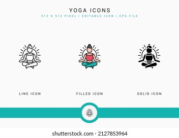 Yoga icons set vector illustration with solid icon line style. Meditating energy concept. Editable stroke icon on isolated background for web design, user interface, and mobile app