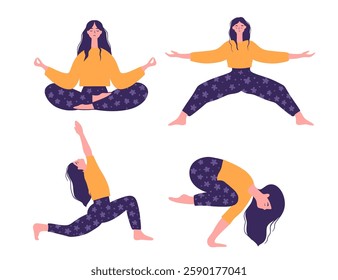 Yoga Illustration Collection Featuring Women In Various Yoga Poses Such As Meditation, Warrior Pose, And Crow Pose  
