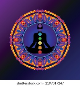 Yoga illustration. Colorful 7 chakras and aura glow. Mandala background.