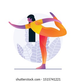 Yoga illustration. Vector flat illustration isolated on white background with beautiful pattern behind. Healthy lifestyle.