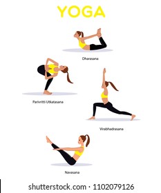 Yoga illustrations set of a beautiful girl wearing yellow top and black leggings doing yoga stretching workout. Vector