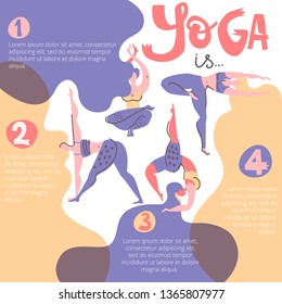 Yoga infographic poster with women with beautiful hair. Folk flat scandinavian style.