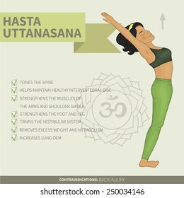 Yoga infographics Hasta uttanasana (hatha yoga). Om symbol