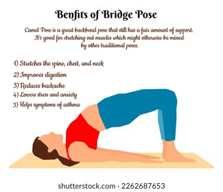 infografía de yoga, mujer haciendo ejercicios de bridge, beneficios de practicar yoga posa.