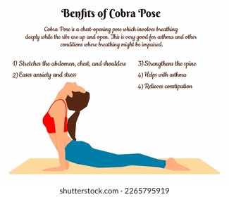 Yoga infographics, Woman doing cobra pose Exercise, Benefits of practice yoga poses.	