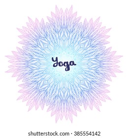 "yoga" inscription with pink blue mandala, a circular pattern on white background, vector illustration