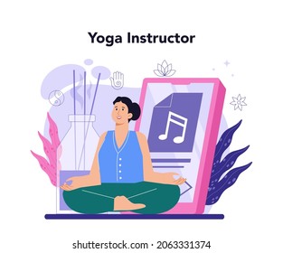 Concepto de instructor de yoga. Asana o ejercicio para hombres y mujeres. Salud física y mental. Relajación corporal y meditación afuera. Ilustración vectorial aislada