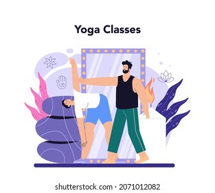 Concepto de instructor de yoga. Asana o ejercicio para hombres y mujeres. Salud física y mental. Relajación corporal y meditación afuera. Ilustración vectorial aislada