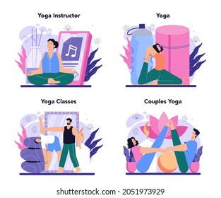 Yoga instructor concept set. Asana or exercise for men and women. Physical and mental health. Body relaxation and meditation outside. Isolated vector illustration